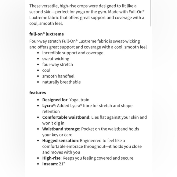 🍋Women’s Lululemon Wunder Under Crop Hi-Rise Full On Luxtreme 21” size 6🍋 - Picture 16 of 16